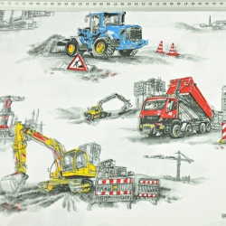 Baumwolle 100% große Baustellenfahrzeuge auf weißem Hintergrund  