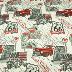 Baumwolle 100% Autos Straße Route 66 auf ecrufarbenem Hintergrund  