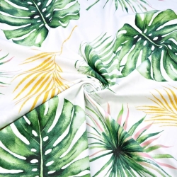 Baumwoll-Satin gemustert Monstera- und Palmenblätter vergoldet auf weißem Hintergrund  