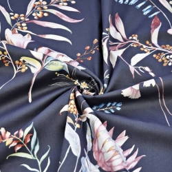 Baumwoll-Satin gemustert Pastellblumen auf graphitfarbenem Hintergrund  