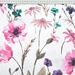 Baumwoll-Satin gemustert Kornblumen und Mohnblumen rosa-smaragd auf weißem Hintergrund  