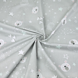 Baumwolle 100% Bären mit Sternen und Herzen grau-minze auf grauem Hintergrund  