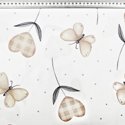 Baumwolle 100% Herzchen mit beigen Schmetterlingen auf weißem Hintergrund  