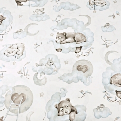 Baumwolle 100% schlafende Tiere mit Lebkuchen blau-grau auf weißem Hintergrund  