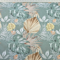 Baumwolle 100% Monstera-Blätter und Boho-Sträuße auf salbeigrünem Hintergrund  