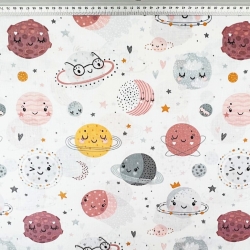 Baumwolle 100% Planeten Gesichter rosa-orange auf weißem Hintergrund  