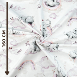 Baumwolle 100% pastellfarbene Elefanten rosa mit Regenbogen auf weißem Hintergrund  