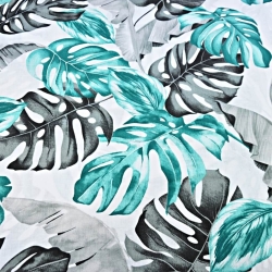 Baumwolle 100% Monstera- und Bananenblätter grau-türkis auf weißem Hintergrund  