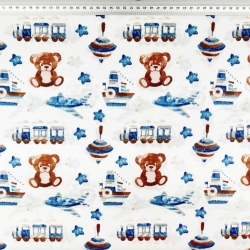 Baumwolle 100% Bären mit Kreisel blau-braun auf weißem Hintergrund  