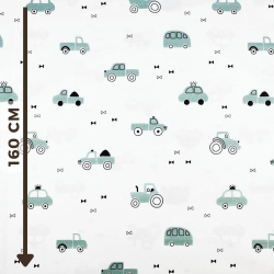 100% Baumwolle mit salbeigrünen Autos auf weißem Hintergrund  