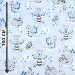 100% Baumwolle mit grauen Drachen auf blauem Hintergrund  