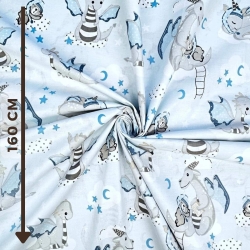 100% Baumwolle mit grauen Drachen auf blauem Hintergrund  