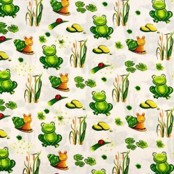 100% Baumwolle mit grünen Fröschen auf Ecru-Hintergrund  