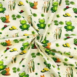 100% Baumwolle mit grünen Fröschen auf Ecru-Hintergrund  