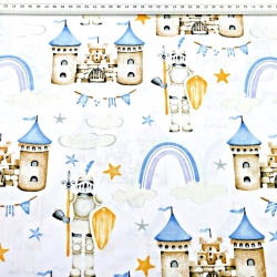 Baumwolle 100% Burgen in beige-blau auf weißem Hintergrund  