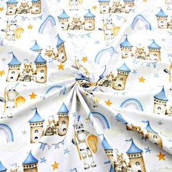 Baumwolle 100% Burgen in beige-blau auf weißem Hintergrund  