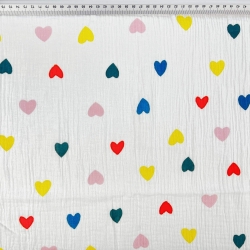 Musselin Double Gauze bedruckt mit bunten Herzen  