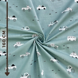 Baumwolle 100% weiße Autos auf salbeigrünem Hintergrund  