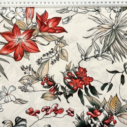 100% Baumwolle mit rot-olivfarbenen Blumen auf Ecru-Hintergrund  