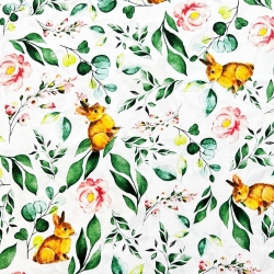 Baumwolle 100% Hasen mit Blättern auf weißem Hintergrund  