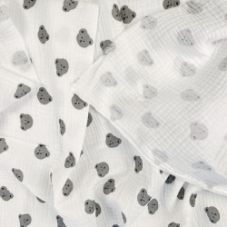 Musselin Double Gauze bedruckt mit grauen Bärenköpfen  