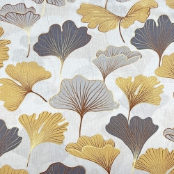 100% Baumwolle mit Ginkgo in grau-gold auf grauem Hintergrund  