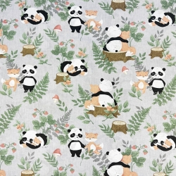100% Baumwolle mit Pandas und Füchsen auf grauem Hintergrund  