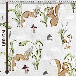 Baumwolle 100% Eichhörnchen auf der Hängematte auf hellbeigem Hintergrund  