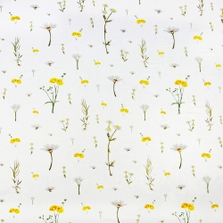 100% Baumwolle mit gelben Wiesenblumen auf weißem Hintergrund  