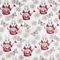 100% Baumwolle mit Kaninchen und Blumen in bordeauxfarbenen Gießkanne auf weißem Hintergrund  