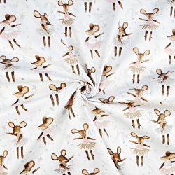 100% Baumwolle mit braunen Ballettmäusen auf weißem Hintergrund  