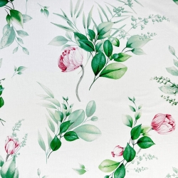 Baumwolle 100% rosa Blumen mit grünen Zweigen auf weißem Hintergrund  