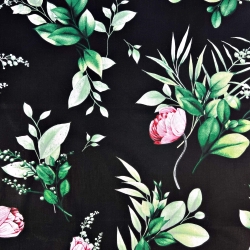 Baumwolle 100% rosa Blumen mit grünen Zweigen auf schwarzem Hintergrund  