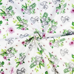 Baumwolle 100% graue Elefanten mit Rosen auf weißem Hintergrund  