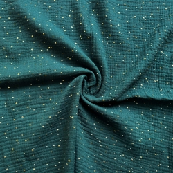 Musselin double gauze forstgrün (Forest) mit goldenen Punkten  