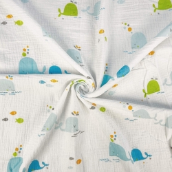 Musselin Double Gauze bedruckt mit bunten Walen  