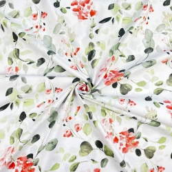 Baumwolle 100% Eukalyptusblätter mit roten Blumen auf weißem Hintergrund  