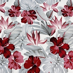 100% Baumwolle mit bordeaux-grauen Hibiskusblumen  