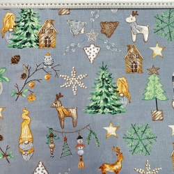 Baumwolle 100% Weihnachtsmuster Wichtel orange mit Haus und Tanne auf grauem Hintergrund  