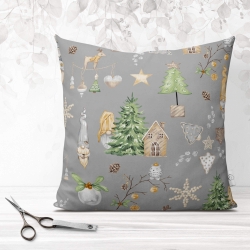 Baumwolle 100% Weihnachtsmuster Wichtel orange mit Haus und Tanne auf grauem Hintergrund  