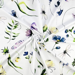 Baumwolle 100% Blumen, Libellen und Schmetterlinge auf weißem Hintergrund  