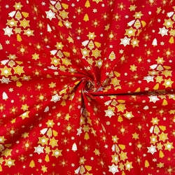 100% Baumwolle mit weihnachtlichem Muster von Tannenbäumen mit Sternen auf rotem Hintergrund  