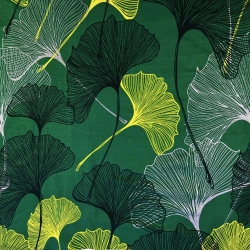 Baumwolle 100% Ginkgo-Blätter gelb-grau auf dunkelgrünem Hintergrund  