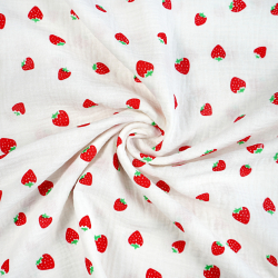 Musselin Double Gauze bedruckt mit Erdbeeren  