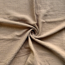 Musselin double gauze hellbraun (Light Brown) mit goldenen Punkten  