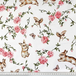 Baumwolle 100% Hasen und Vögel mit Rosen auf weißem Hintergrund  