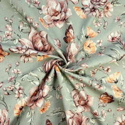 Baumwolle 100% braun-orange Blumen auf olivgrünem Hintergrund  