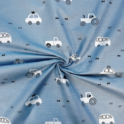 Baumwolle 100% weiße Autos auf blauem Hintergrund  