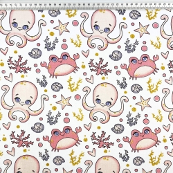 Baumwolle 100% maritimes Muster mit Oktopussen und aprikosenfarbenen Krabben  