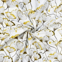 Baumwolle 100% Ginkgo-Konturen olivgrün auf weißem Hintergrund  